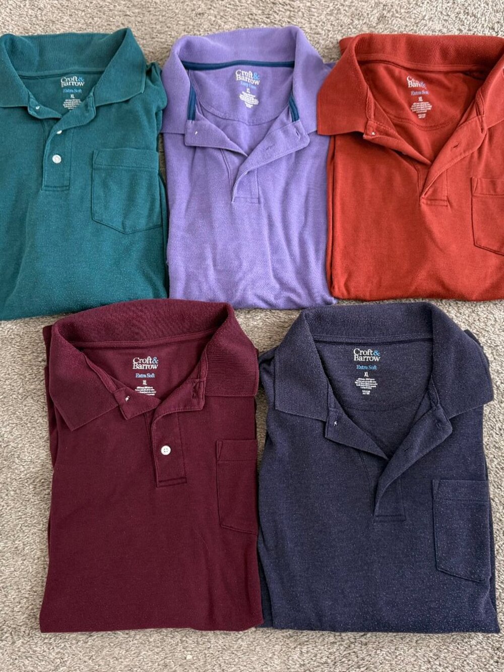 SUPER LARGE LOT OF 5 DIFFERENT COLOR CROFT & BARROW SS POLO STYLE SHIRTS - XL